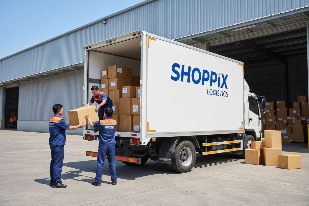 Delivery truck in front of a warehouse filled with parcel boxes. The truck has “SHOPPIX” written on the side. Two workers loading and handing over parcel boxes. Some boxes placed near the truck. Bright daylight, realistic commercial style, logistics theme. 1920×1080.