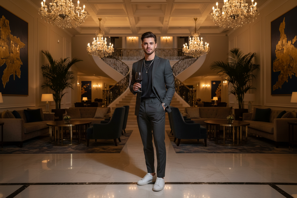 fashion boy with hotel backround vine glass image